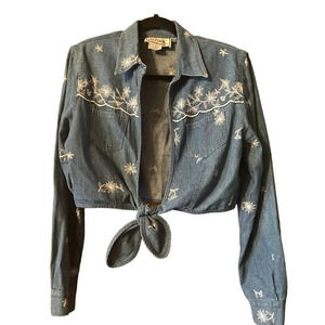 Vintage Embroidered Tie-Front Denim Blouse - Blue